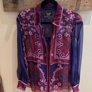 Johnny Was XS Multicolor 100%‎ Silk Semi-Sheer Blouse